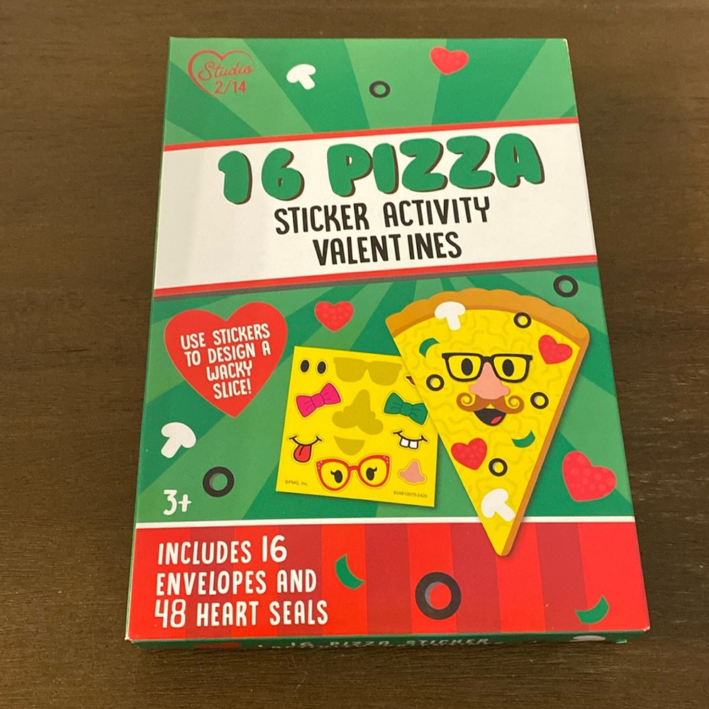 16 Pizza Sticker Activity Valentines (Includes 16 Envelopes and 48 Heart Seals)